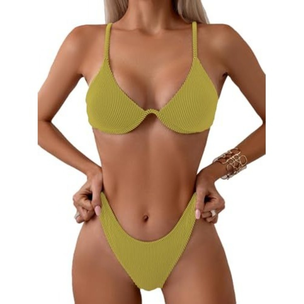 Grass Green Ribbed Underwire Bikini Set High Cut Swimsuit Small